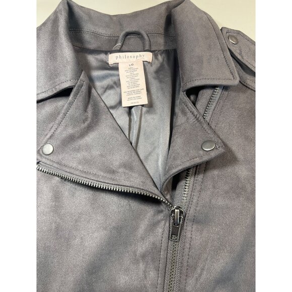 Philosophy Gray Faux Suede Moto Jacket L/G With Zipper Pockets & Snap Details - Picture 3 of 8